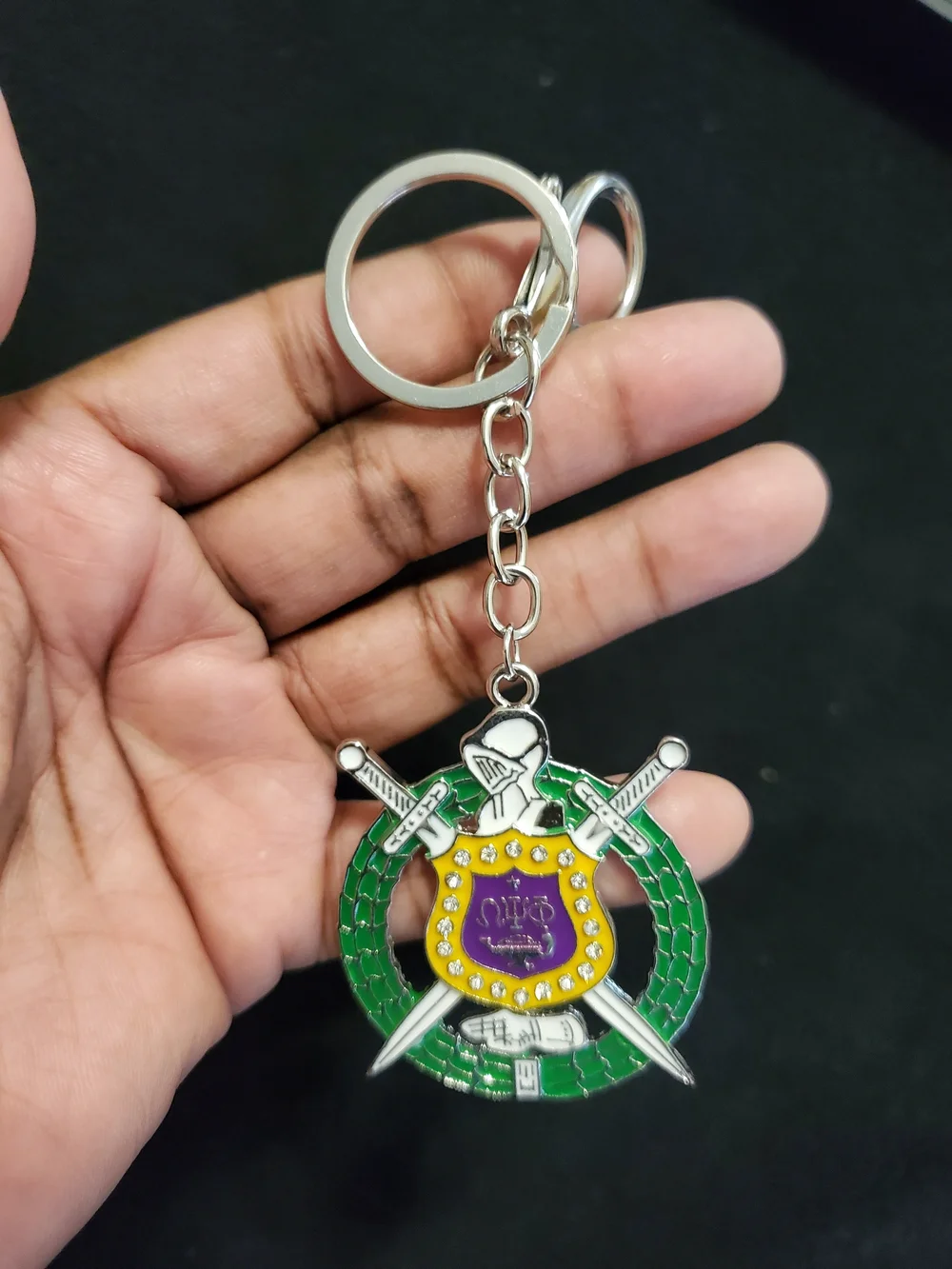 Fraternity Shield & Swords Omega Keyring in Green, Purple and Gold
